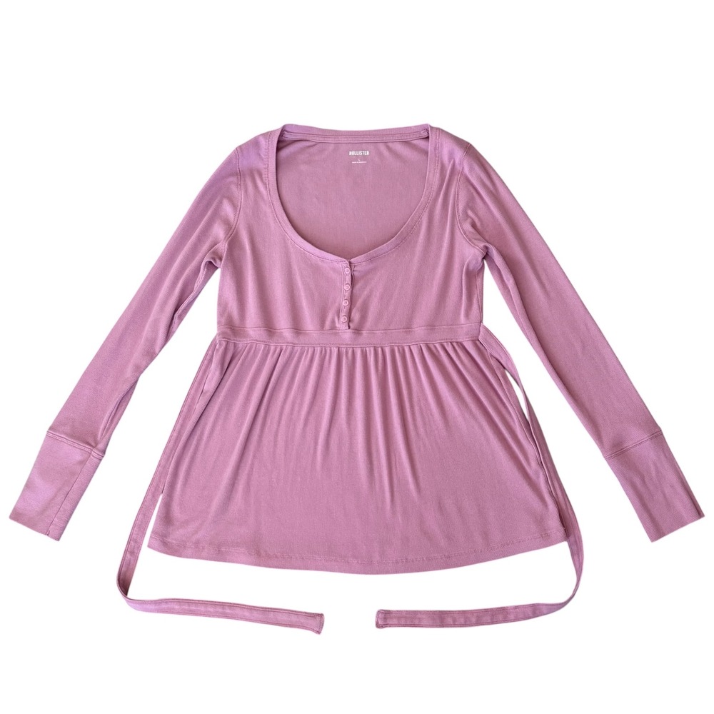 Y2K Hollister Babydoll Henley Top Pink Long Sleeve Shirt Sz L Coquette Ballet